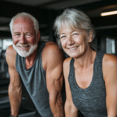 Seniori practicând yoga în aer liber